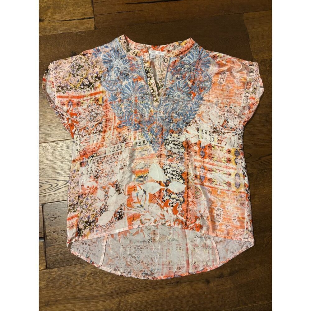 Karyn Seo silk blend cap sleeve top S watercolor artsy boho embroidered